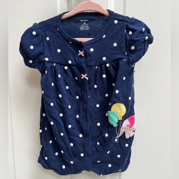 Carter’s 9M Blue and White Polka Dot Elephant Short Sleeve Girls Romper - Picture 1 of 4
